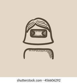 Woman in virtual reality headset vector sketch icon isolated on background. Hand drawn Woman in virtual reality headset icon. Virtual reality headset sketch icon for infographic, website or app.
