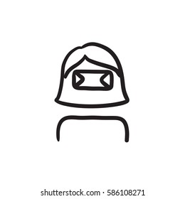 Woman in virtual reality headset vector sketch icon isolated on background. Hand drawn Woman in virtual reality headset icon. Virtual reality headset sketch icon for infographic, website or app.