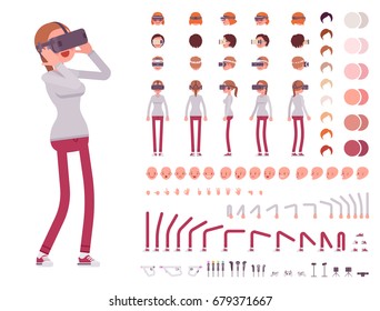 Woman in Virtual Reality headset. VR helmet. Character creation set. Full length, different views, emotions and gestures. Build your own design. Vector illustration