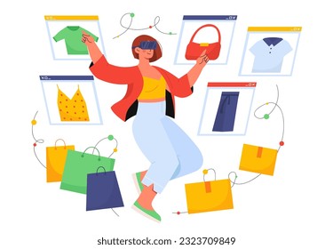 Woman at virtual reality shopping concept. Young girl in virtual reality glasses buys goods. Electronic commerce and marketing. Character choose clothes. Cartoon flat vector illustration