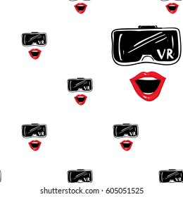 Woman virtual reality vector emoticons, emoji, smiley icons, characters. Fashion illustrated women's emotional faces seamless pattern.