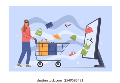 Mulher com compras virtuais. Menina usando óculos de realidade virtual com carrinho de compras. Transferências e transações sem dinheiro. Ilustração de vetor plano isolada no plano de fundo branco