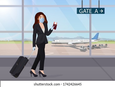 Woman In Virus Protection Face Mask In The Airport Terminal. Vector Illustration.