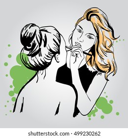 Woman visagist makeup artist paints on the face of his client. Illustration hand drawn.