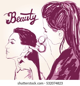Woman visagist makeup artist paints on the face of his client. Illustration 
