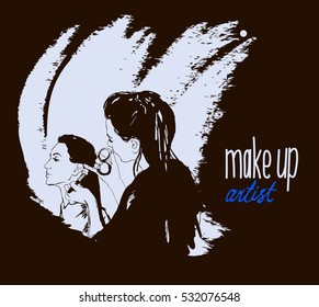 Woman visagist makeup artist paints on the face of his client. Illustration 
