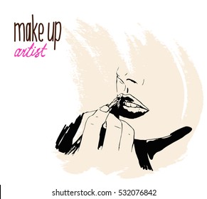 Woman visagist makeup artist paints on the face of his client. Illustration 
