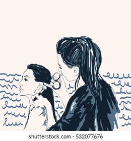 Woman visagist makeup artist paints on the face of his client. Illustration 
