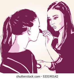 Woman visagist makeup artist paints on the face of his client. Illustration 
