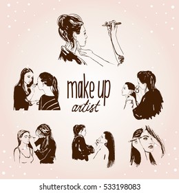 Woman visagist makeup artist paints on the face of his client. Illustration 
