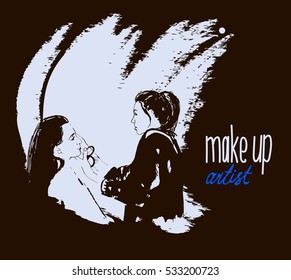 Woman visagist makeup artist paints on the face of his client. Illustration 
