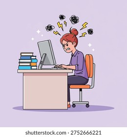 A woman is visibly frustrated while working at her computer, with stacks of books and a messy desk.