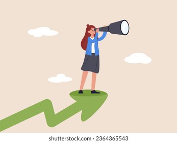 Woman visionary to see business opportunity concept. Woman leader with lady power business vision, success businesswoman standing on top of rising arrow with telescope, spyglass to see future vision.