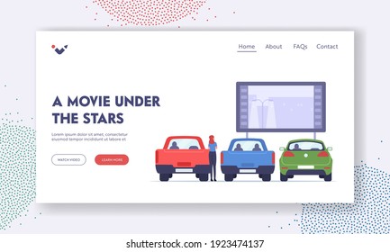 Woman Visit Car Street Cinema Landing Page Template. Drive-in Theater with Automobiles in Open Air Parking, Large Outdoor Screen with Movie Scene. Urban Entertainment. Cartoon Vector Illustration
