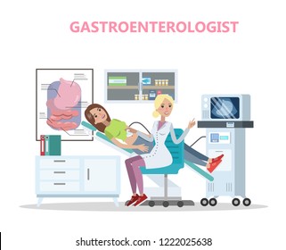 Woman visit gastroenterology specialist. Checking stomach and digestive system. Medical treatment and healthcare. Doctor making ultrasound. Vector flat illustration