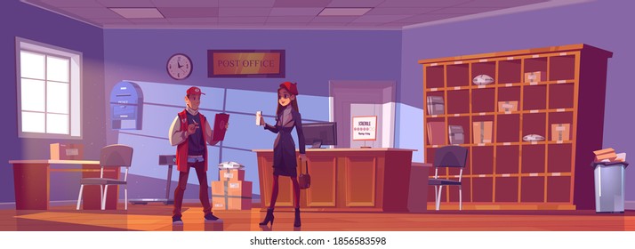 Woman visit post office. Young girl show letter to man employee on reception desk with parcels lying on shelves. Mail delivery service, postage, female customer get package cartoon vector illustration