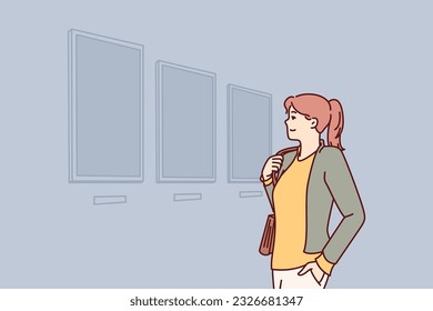Woman visiting art gallery looks at paintings hanging on wall, painted by classical or contemporary artists. Young girl is in art exhibition hall contemplating work of famous painters.