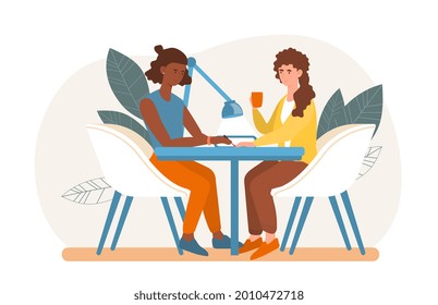 Woman Visiting Beauty Salon concept. Masters Doing Manicure. Woman working, and the visitor resting and drinking coffee. Cartoon modern flat vector illustration isolated on a white background