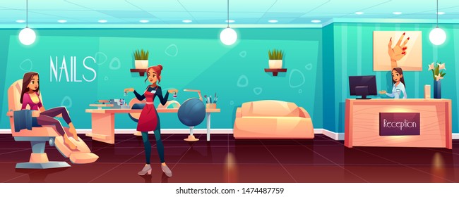 Woman visiting beauty salon, female client siting in comfortable chair, waiting for pedicure, manicure procedure, nail technician offering to chose fingernail polish color cartoon vector illustration