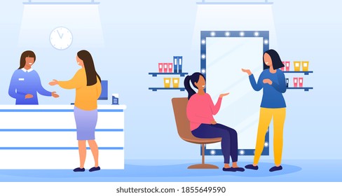 Mujer visitando un salón de belleza, cliente mujer sentada en una cómoda silla, esperando pedicura, procedimiento de manicura. Chica hablando en recepción con el administrador del salón de belleza. Ilustración del vector