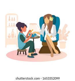 Woman visiting beauty salon, Woman getting manicure and pedicure Treatment, Grooming Place with Professional Devices, Fashion, Body Care Cartoon Flat Vector Illustration