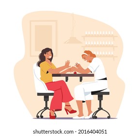 Mujer Visitando Salón De Belleza. Personaje principal de Manicura a niñas en estudio. Grooming Place o Club con Servicio Profesional, Moda, Spa Cuidado Corporal. Ilustración de vectores de personas de caricatura