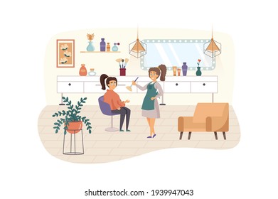 Woman visiting Beauty Salon scene. Beautician applying makeup on female client. Cosmetology procedures, face and hair care service concept. Vector illustration of people characters in flat design