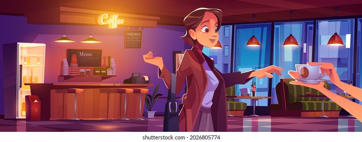 Woman visiting coffee shop, girl take cup in cafe