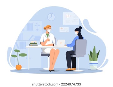 Woman visiting doctor. Specialist in medical gown interviewing patient, making diagnosis and choosing treatment method. Health care and regular check ups concept. Cartoon flat vector illustration