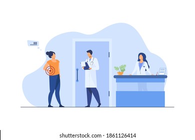 Woman visiting doctor with spinal pain. Hospital, backache, examination flat vector illustration. Medicine and healthcare concept for banner, website design or landing web page