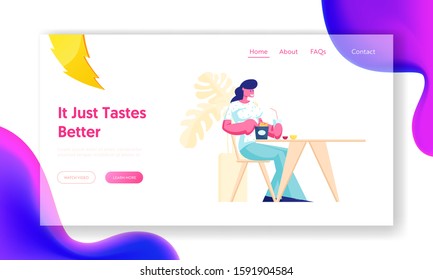 Woman Visiting Fastfood Cafe Website Landing Page. Female Character Sitting at Table Eating Fried Potato and Drinking Soda Beverage in Restaurant Web Page Banner. Cartoon Flat Vector Illustration