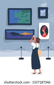 Woman visiting gallery flat vector illustration. Young art lover taking pictures of paintings cartoon characters. Traditional art exhibition, museum exposition. Tourist enjoying classic artworks.