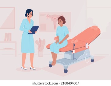 Woman visiting gynecologist flat color vector illustration. Doctor appointment. Female health. Patient examination. Fully editable 2D simple cartoon characters with hospital on background