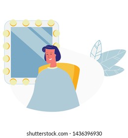 Woman Visiting Hairdressing Salon, Girl Sitting in Chair in front of Big Mirror in Barbershop Making Hairdo. Professional Beauty Club, Cartoon Flat Vector Illustration Cartoon Flat Vector Illustration