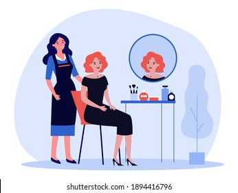 Woman visiting makeup artist. Celebrity, mirror, party dress. Flat vector illustration. Beauty care, salon, festive event preparation concept for banner, website design or landing web page
