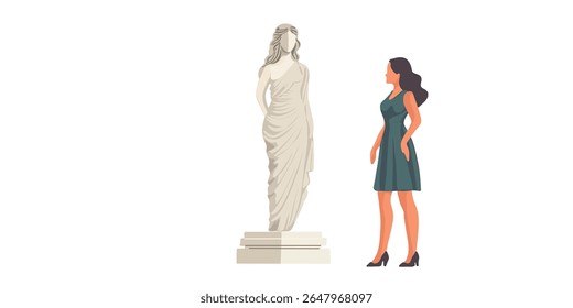 mulher visitando museu e admirando a ilustração do vetor da escultura