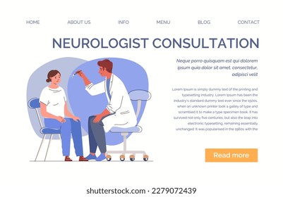 Woman visiting neurologist. Doctor checks reflex of patient's eyes under light of flashlight. Web template, landing page. Vector characters flat cartoon illustration.