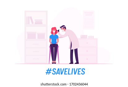 Woman Visiting Otolaryngologist Practitioner in Hospital. Audiologist Doctor Character in Medical Mask, Gown and Frontal Reflector on Head Examine Ear of Patients. Cartoon Vector People Illustration