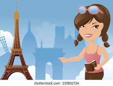 Woman visiting Paris and the Eiffel Tower.