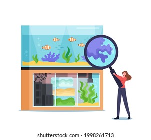 Woman Visiting Pet Shop for Choosing and Buying Aquarium Stuff, Feed for Fish. Tiny Female Character at Zoo Market Look on Tropical Fishes through Huge Magnifying Glass. Cartoon Vector Illustration