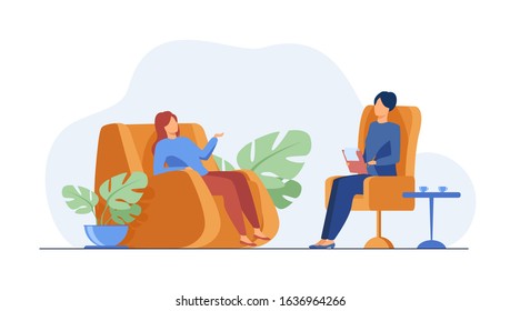 Woman visiting psychologist office. Patient sitting in armchair and talking to psychiatrist. Vector illustration for therapy session, psychotherapy counseling concept