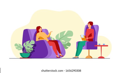 Woman visiting psychologist office. Patient sitting in armchair and talking to psychiatrist. Vector illustration for therapy session, psychotherapy counseling concept