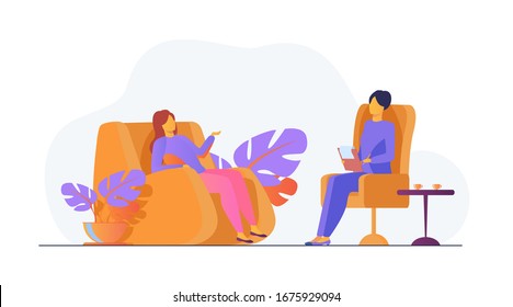 Woman visiting psychologist office. Patient sitting in armchair and talking to psychiatrist. Vector illustration for therapy session, psychotherapy counseling concept