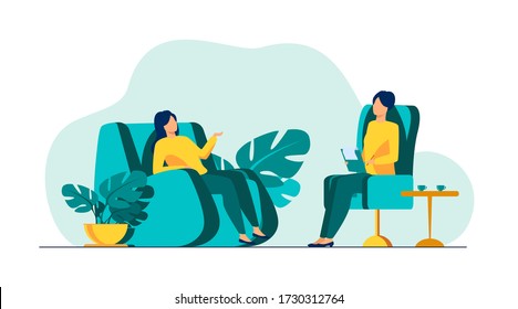 Woman visiting psychologist office. Patient sitting in armchair and talking to psychiatrist. Vector illustration for therapy session, psychotherapy counseling concept