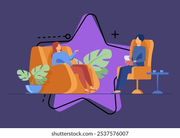 Woman visiting psychologist office. Patient sitting in armchair and talking to psychiatrist. Vector illustration for therapy session, psychotherapy counseling concept