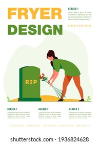 Woman visiting relatives grave. Person laying flowers at headstone. Flat vector illustration. Grief, monument, cemetery concept for banner, website design or landing web page