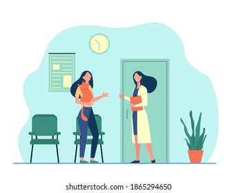 Woman visiting vet doctor with cat. Hospital, pet, examination flat vector illustration. Veterinary medicine and domestic animals concept for banner, website design or landing web page