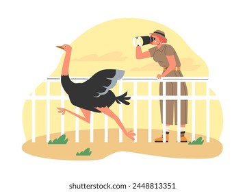 Woman visitor through binoculars looking at an ostrich, from outside its enclosure. Cartoon zoo park vector illustration. Safari zoology, emu bird, animal education and entertainment