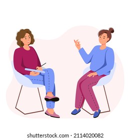 A woman visits a psychologist's office. The patient sits in a chair and talks to a psychiatrist. Vector illustration for therapy session, psychotherapeutic counseling concept