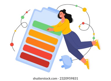 Woman with vital energy concept. Young girl with battery and plug. Positivity and optimism, enthusiasm. Energetic character with energy. Battery charge indicator. Cartoon flat vector illustration